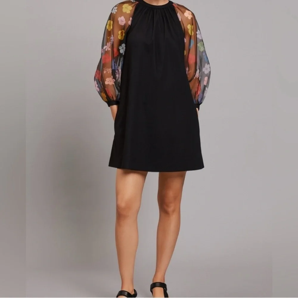 STAUD Toile Garden Black Dress with Multicolor Floral Sleeves - Picture 2 of 8